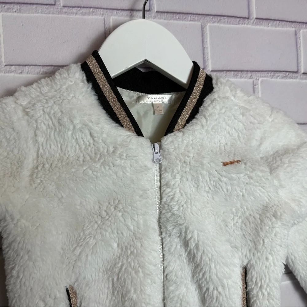 Tahari Baby Girl Sherpa Bomber Jacket Size 3T, White & Gold Trim